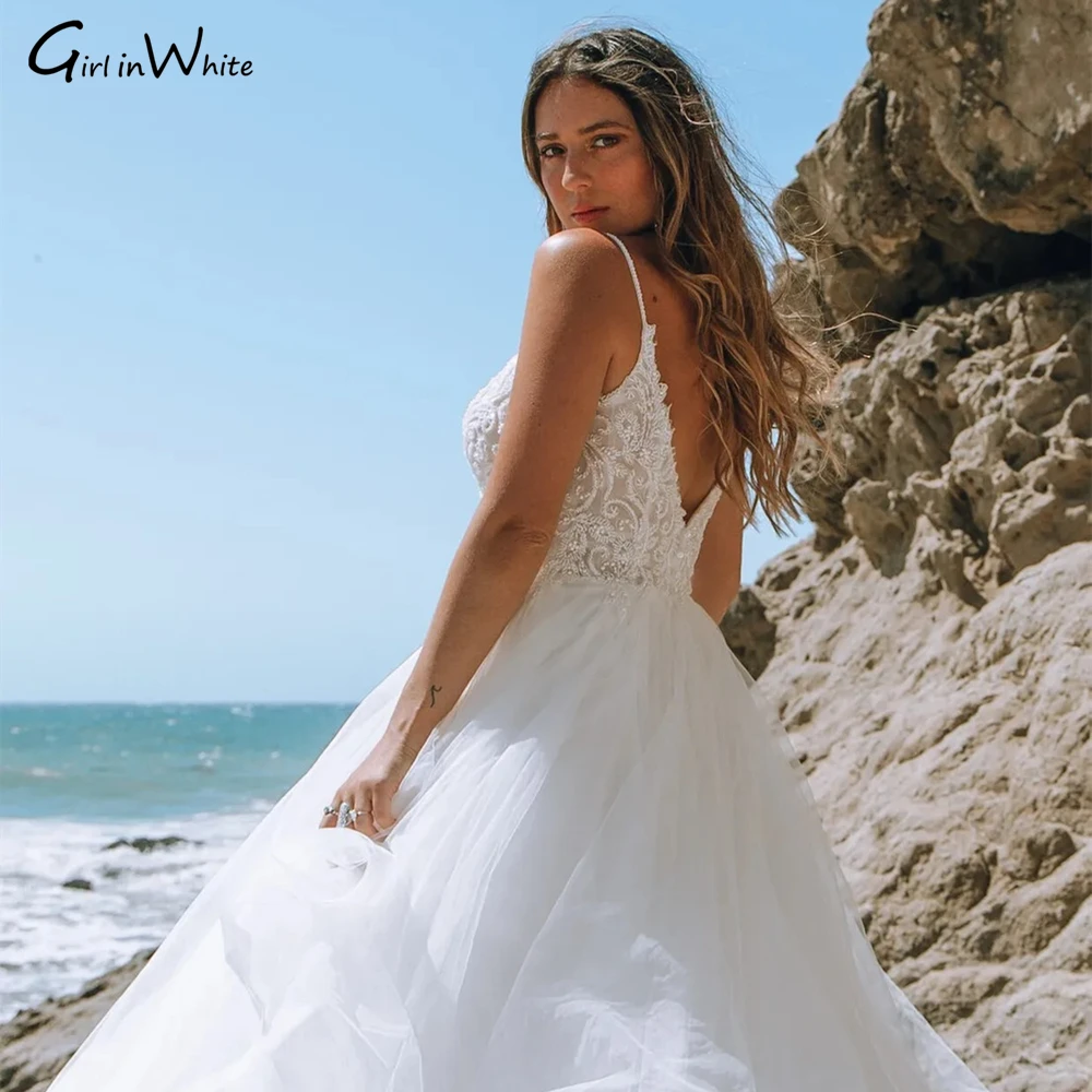 Plaj Boho A-line Basit düğün elbisesi Dantel Tül Beyaz Gelin Elbiseler Kadınlar İçin Spagetti Sapanlar Backless Gelin Robe De Mariée