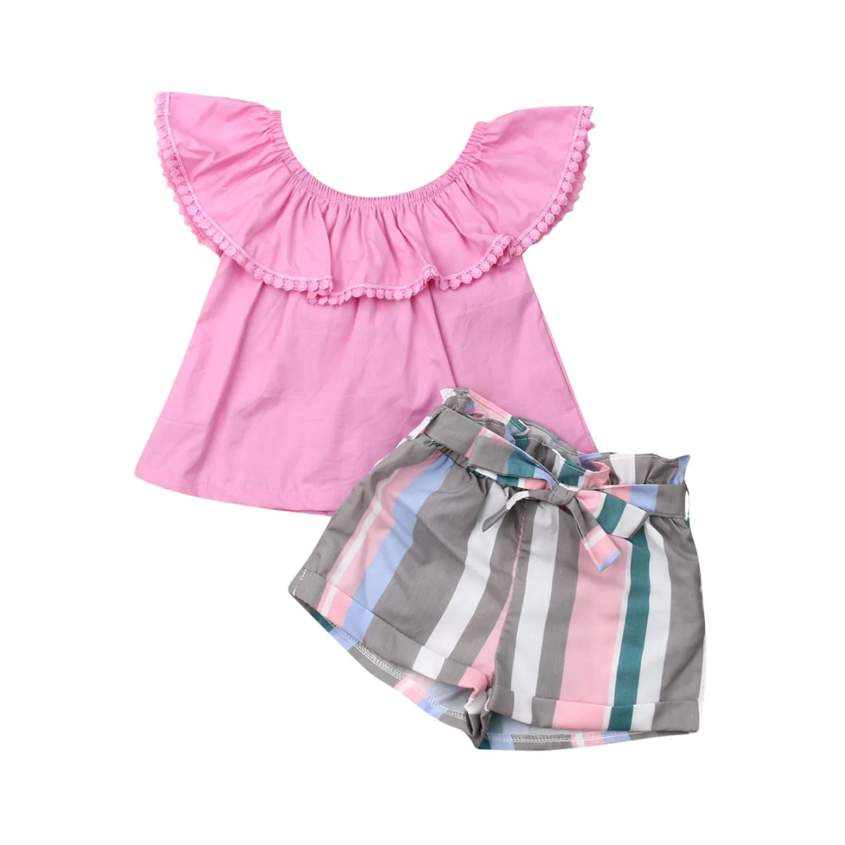 Pudcoco Yaz Toddler Bebek Kız Giysileri setleri Kapalı Omuz Fırfır Düz Renk Üstleri Çizgili kısa pantolon 2 Adet Rahat Kıyafetler