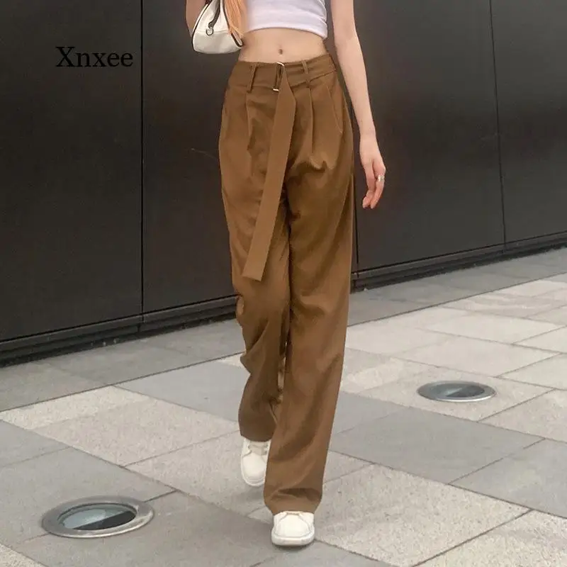 Rahat Katı Düz Geniş Bacak Pantolon Kore Moda Kadın Kemer Gevşek Takım Elbise Pantolon Harajuku Kadın İnce Yüksek Bel Dipleri