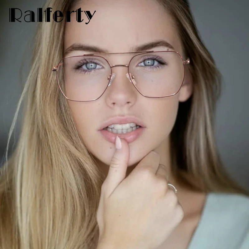 Ralferty 2022 kadın Gözlük Çerçevesi Pembe Kare Metal Bahar Menteşe Bilgisayar 0 Diyoptri Miyopi Reçete Gözlük Gözlük Çerçevesi