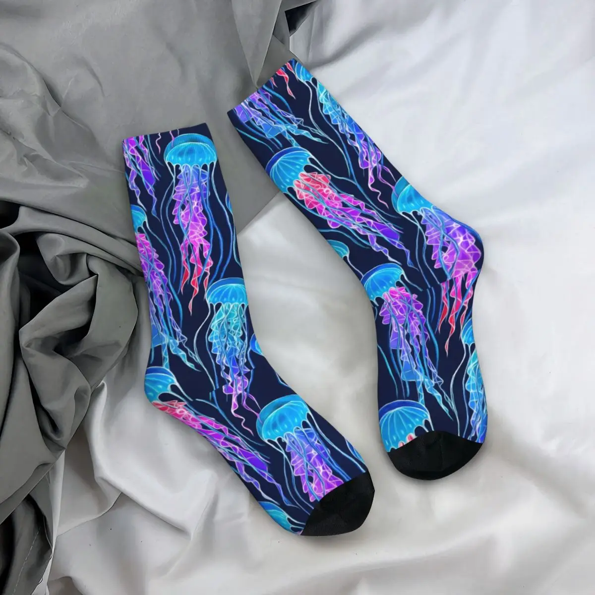 Retro Işıldayan Gökkuşağı Denizanası Lacivert futbol çorapları Polyester Uzun Çorap Unisex Ter Emici
