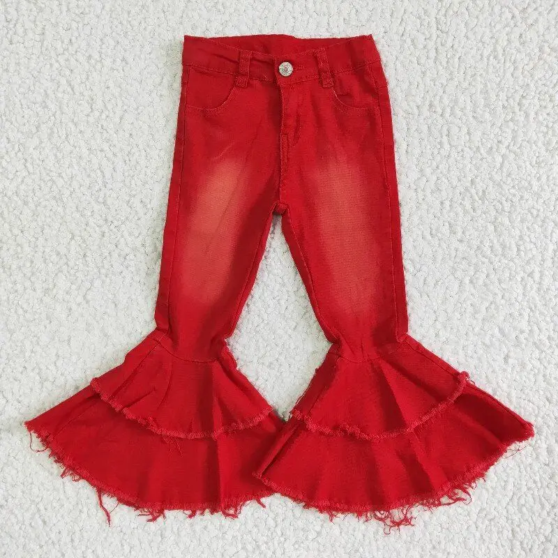 RTS Butik kız kot sonbahar kış çocuk giysileri kırmızı denim düğme cepler ile çift katmanlı çan alt pantolon toptan