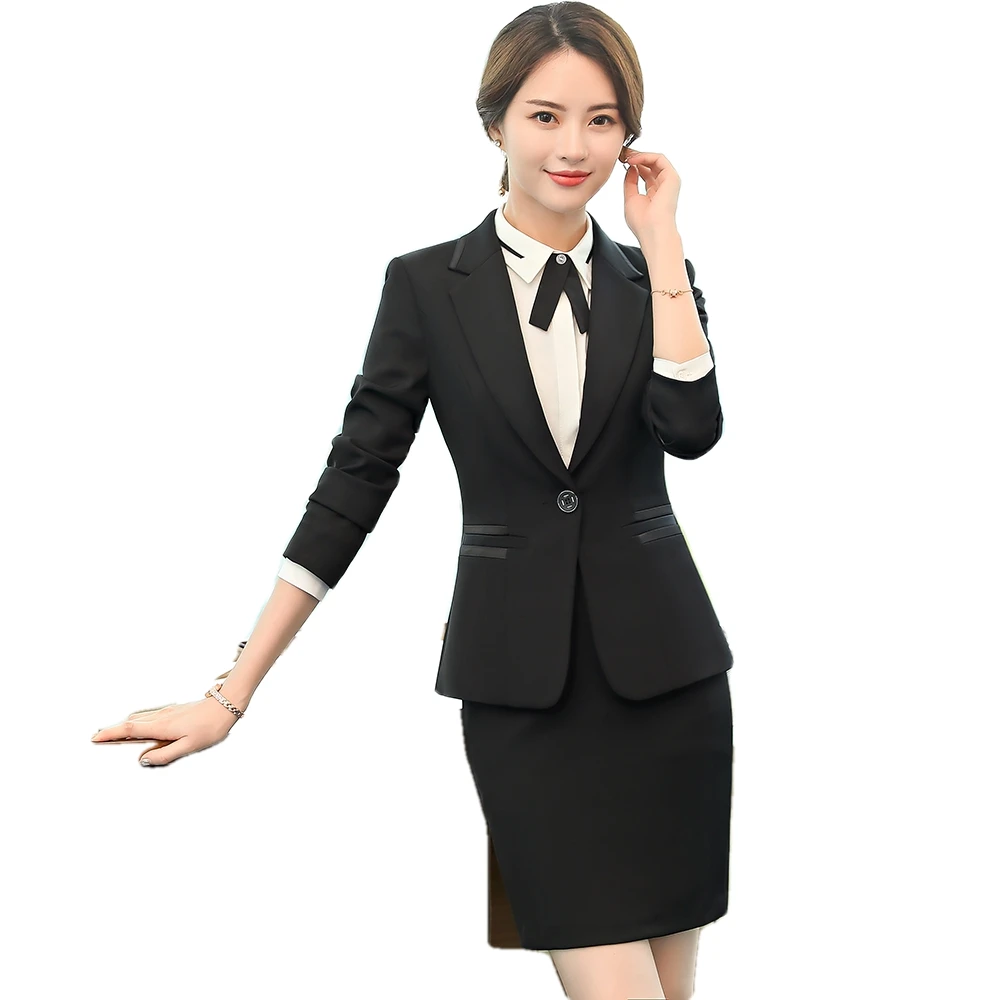 Siyah Zarif Formall Bayanlar Takım Elbise Etek ve Üstleri Kadın Blazer Etek Takım Elbise Ceket Giyim 2 Parça Set Komple Ofis Kıyafet