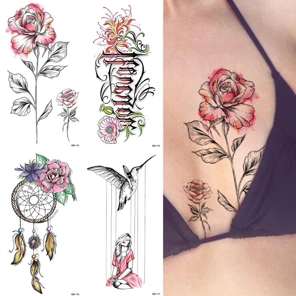Su geçirmez Geçici Dövme Etiket Hattı Gül Çiçek Flaş Dövmeler Dreamcatcher Kuş Lotus Vücut Sanatı Kol Sahte Kol Dövme Kadın