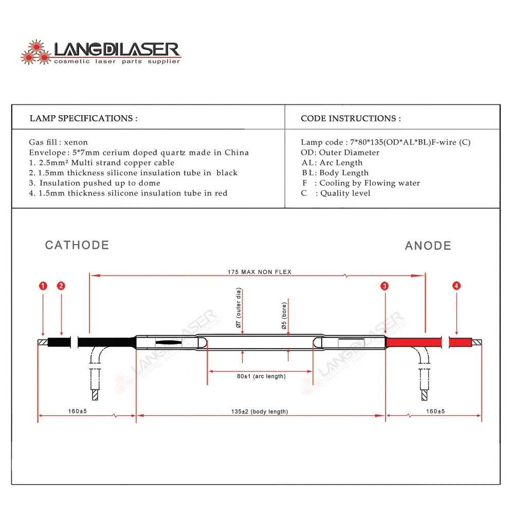 YAG lazer sistemi için YAG lazer lamba, boyut: 7*80 * 135F - wire , dövme silme sistemi için lamba 2