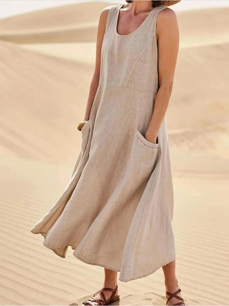 Yaz Kadın Kolsuz Sundress Zarif pamuklu yuvarlak boyun Keten Katı Uzun Tank Elbise Vintage Cepler Plaj