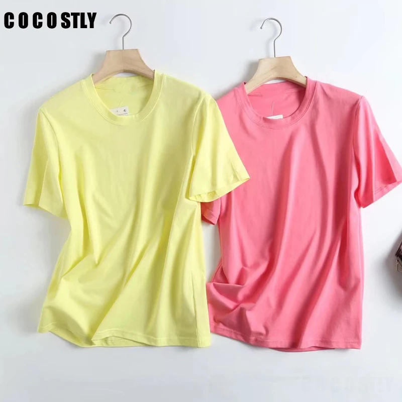 Yeni 2022 Yaz kısa kollu tişört Kadın Yuvarlak Boyun T-Shirt Temel Kadın Gevşek Bluzlar Düz Renk Basit kadın bluzları Tee 0
