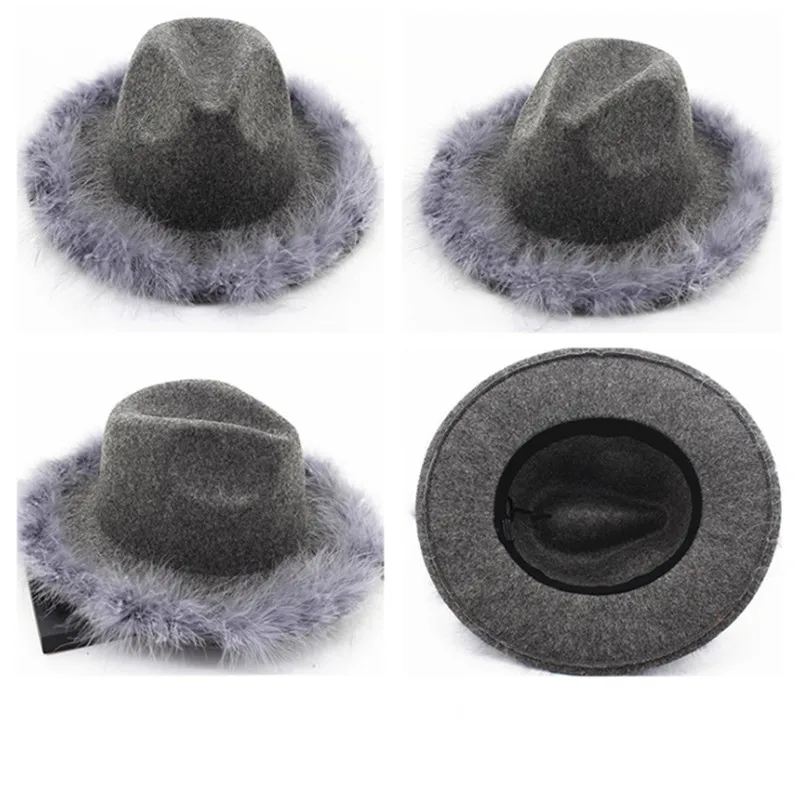 Yeni Fedora şapka devekuşu kürk büyük ağız dokulu şapka Kore moda erkek ve kadın devekuşu kürk sıcak şapka kırmızı tüy caz şapka панама