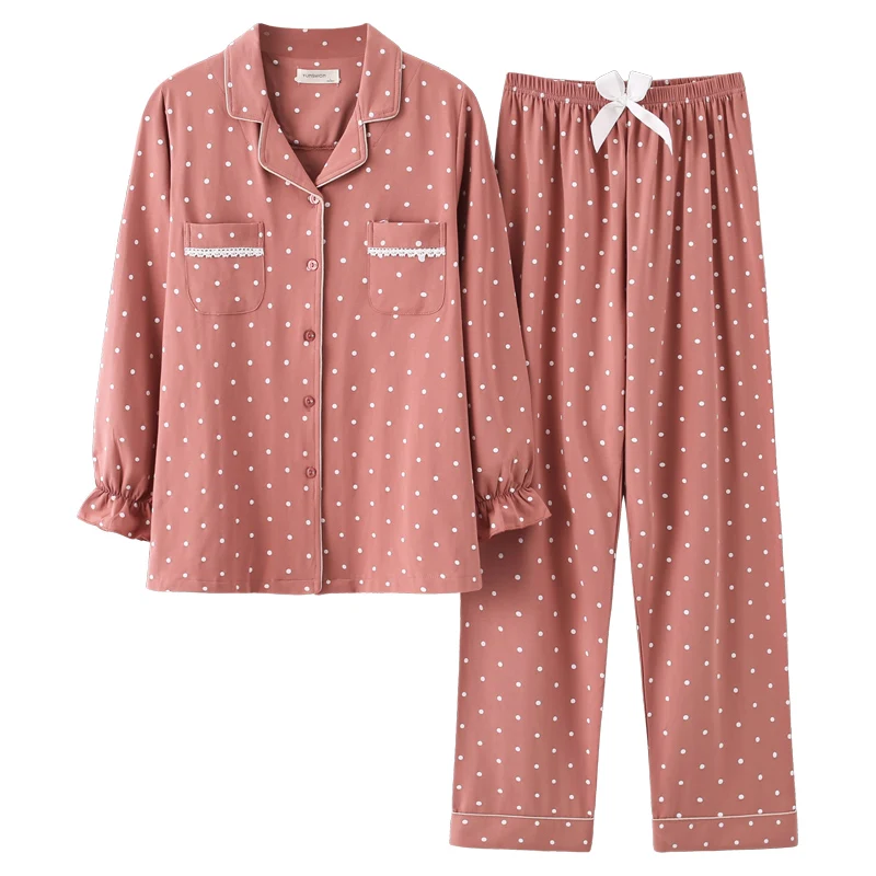 Yeni Moda Pijama Kadın Pamuk Sevimli Pijama Seti Kızlar Uzun Kollu Üstleri+Uzun cepli pantolon Polka Dot Rahat Salon Giyim