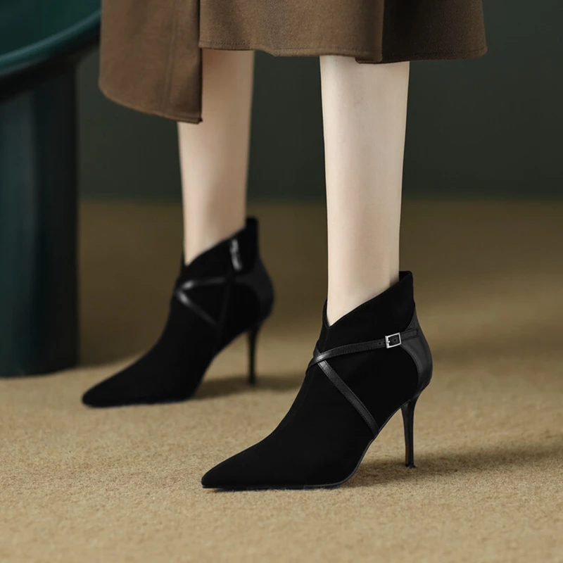 YENİ Sonbahar Kadın Ayakkabı Koyun Süet yarım çizmeler Kadın Sivri Burun Süper Yüksek Topuk Ayakkabı Zarif İnce Topuk Çizmeler zapato de tacón