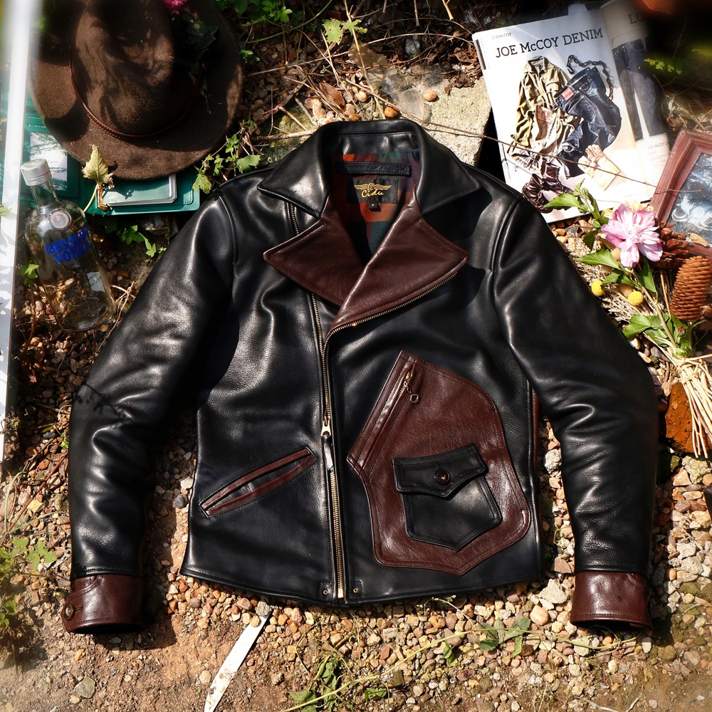 YIL!Ücretsiz kargo.vintage tarzı 1.4 mm inek derisi ceket.İtalya doğal deri ceket.hakiki deri giysiler.motorcu deri kıyafetleri