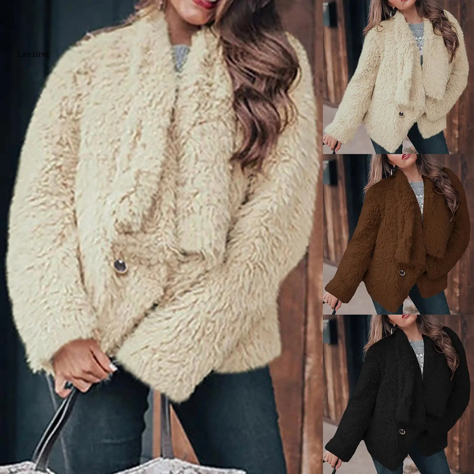 Zarif Bayan Bayanlar Sıcak Faux Kürk Ceket Peluş Palto Katı Renkler Uzun Kollu Kalın Rahat Hırka Oyuncak Giyim