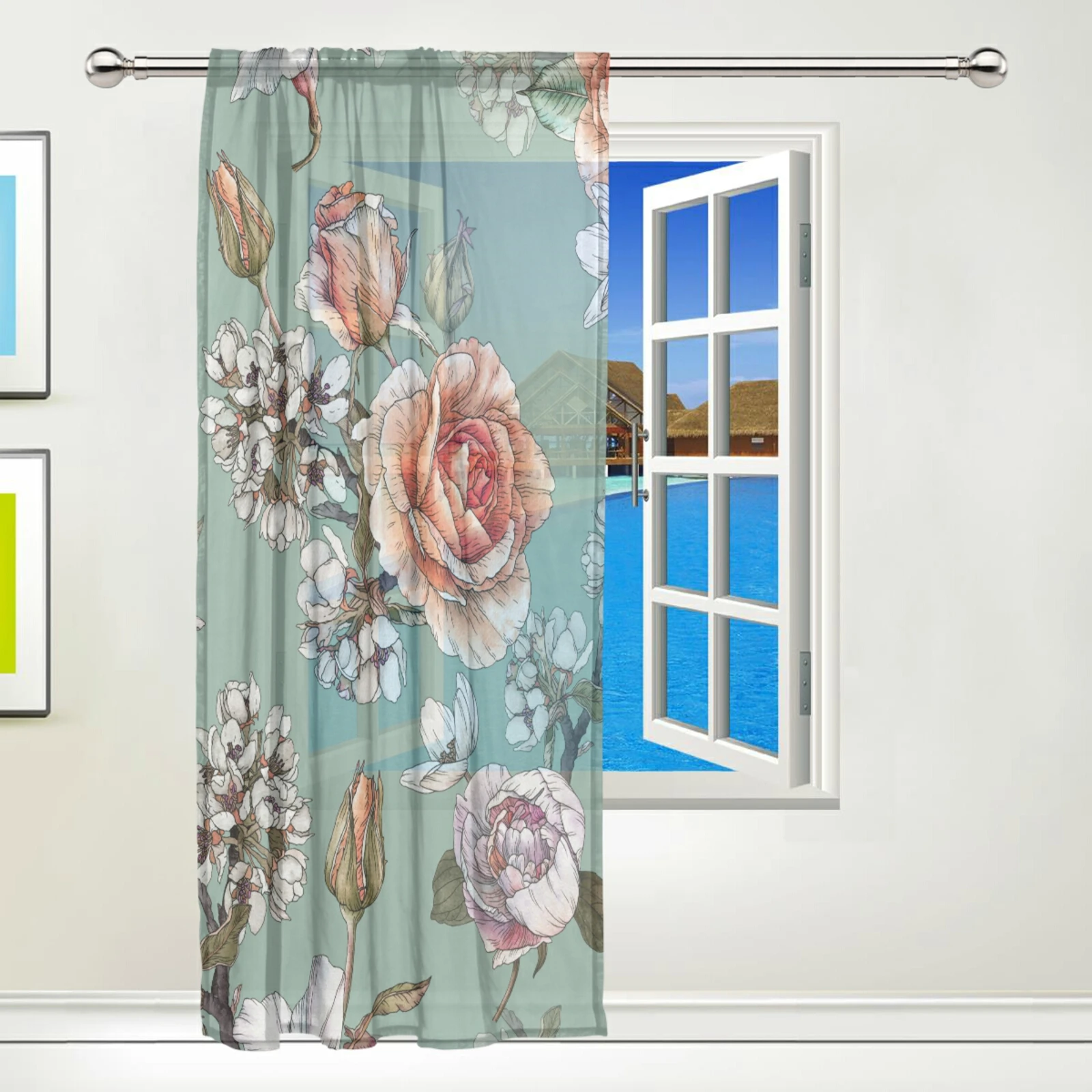 Zarif Çiçekler Baskılı Tül Perde Yatak Odası Sırf Vual Pencere Perde Polyester Malzeme Kumaş 1 adet Paneli Örtüsü Ev Dekor 4