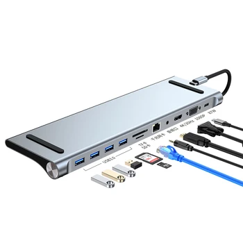 11 Port Tipi C Yerleştirme İstasyonu HDMI Uyumlu VGA RJ45 SD TF Hub 3.0/2.0 Jack Masaüstü Desteği MacBook Dizüstü PC İçin USB C HUB