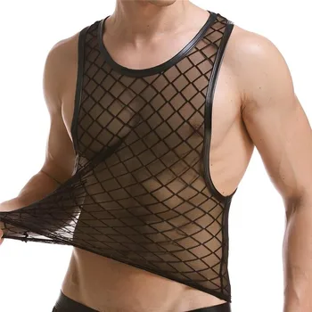 2021 Yeni Seksi erkek iç çamaşırı Sahne Pist Gösterisi Gece Kulübü Büyük Eşkenar Dörtgen Oymak şeffaf ağ Seksi Yelek Takım Elbise