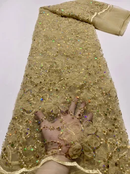 2022 Altın Afrika Dantel çiçekli kumaş Sequins Boncuk Fransız Tül Örgü Dantel Dikiş Elbise Geleneksel Giyim gece elbisesi 5 Metre