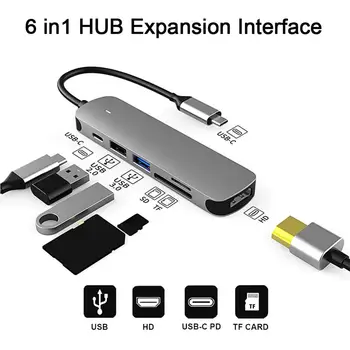 6 in 1 Tip C Hub 4K USB 3.0 Alüminyum Hub Dongle HDMI Uyumlu Çıkış Desteği PD / TF / SD Dizüstü Telefon için