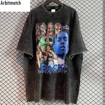 Arbitmatch 2022 erkek tişört Asap Kayalık Grafik Baskı T-shirt Yıkanmış Büyük Boy Delik Gevşek Casual Tee Üst Erkekler Harajuku T Shirt