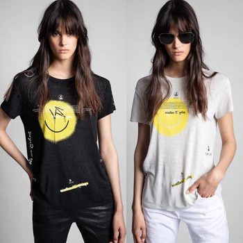 Bahar Summner Moda Klasik Trendy Lüks Tasarım Gülen Yüz Mektup Baskılı Keten Yuvarlak Boyun kısa kollu tişört Kadın Z1 0