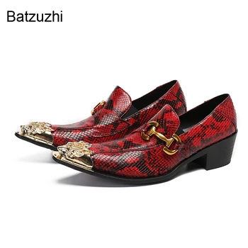 Batzuzhi Yüksek Topuklu 6cm Ayakkabı Erkekler Altın Demir Ayak Deri Elbise erkek ayakkabısı Üzerinde Kayma Kırmızı Düğün Ayakkabı Parti ve İş, Büyük Boy