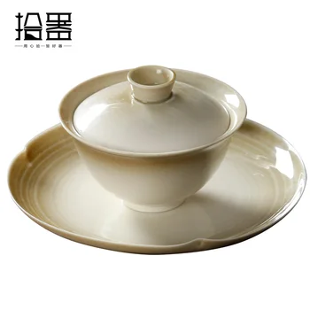 Bitkisel Kül Sır Seramik Üç kapaklı Kase Jingdezhen çay makinesi Tek Ev Kung Fu çay seti Büyük çay bardağı Kızartma Kase 5