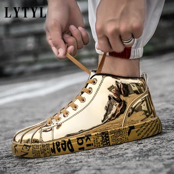 Boyutu 46 Kadın / Erkek Moda Graffiti Sneakers Ayakkabı Bling Severler Altın Gümüş Platformu Flats Lady Casual Zapatos Para Mujer A1-42