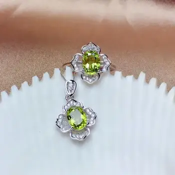büyüleyici yeşil Peridot taş yüzük ve kolye 925 ayar gümüş güzel takı seti doğal mücevher Ağustos birthstone parti hediye