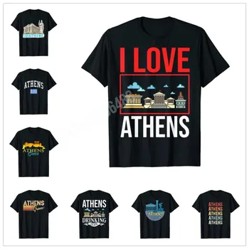 Daha fazla Tasarım I Love Atina Yunanistan Retro Vintage Günbatımı Skyline T-Shirt Harita Erkekler Kadınlar İçin T Shirt Üstleri Pamuk Tees