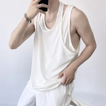 DIMI Yaz Trendi Çok Yönlü Sahte İki parçalı Yelek Gevşek Kolsuz erkek Tankı Üstleri Kore Siyah Beyaz Giyim Yeni