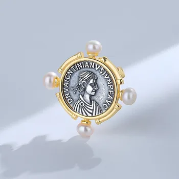 DLS-1 ZFSILVER 925 Gümüş Moda Lüks Retro İnci Roma Altın Antik Sikke Broş Zinciri Olmadan Kadın düğün takısı Kızlar