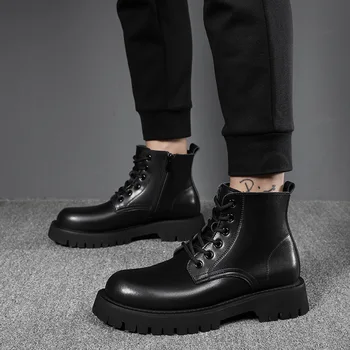 erkek moda orijinal deri çizmeler dantel-up platform ayakkabılar beyefendi sonbahar kış botu yakışıklı kovboy ayak bileği botas hombre erkek