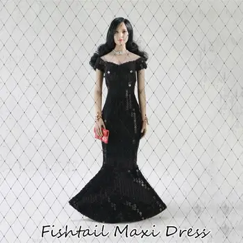FT008 1/6 Ölçekli Seksi dekolte Fishtail Maxi Elbise Sıkı Bling Kapalı Omuz uzun elbise çanta İle 12in Aksiyon Figürü Vücut