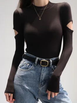 GGRIGHT Tatlı Ve Baharatlı Kız Tarzı Standı Yaka Streç kısa tişört kadın Yüksek Bel İnce İçi Boş Uzun Kollu Üst