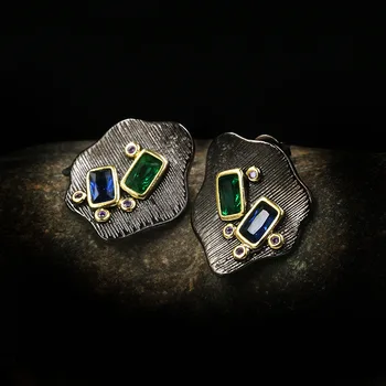 Inspired tasarım yeni gümüş kakma mavi ve yeşil kristal geometrik küpe bayanlar için basit retro zarif takı 2