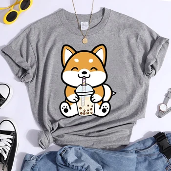 Kabarcık Çay Köpek Baskılı Sevimli Karikatür T Shirt Kadın O-Boyun Kısa Kollu Casual Tops Grafik Tshirt Yeni Yaz Köpek T-shirt Kadın