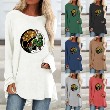 Kadın Rahat Sonbahar Moda Giyim Yuvarlak Boyun Uzun Kollu gevşek T-Shirt Bayanlar Artı Boyutu baskılı tişört Kazak Tişörtü