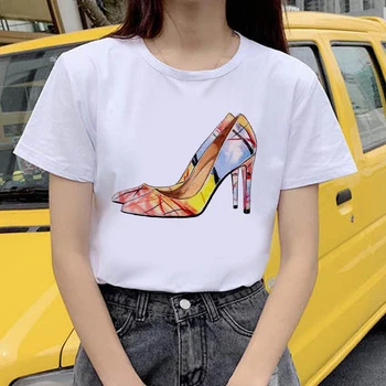 Kadın T-shirt yüksek topuklu ayakkabılar moda grafik T-shirt kadın moda yumuşak Rahat beyaz T shirt Tops