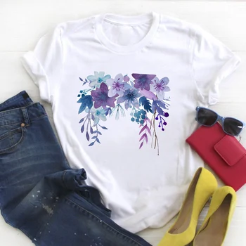 Kadın Çiçek Çiçek Sevimli Rahat Baskı Kısa Kollu Bayanlar Yaz T Tee Güzel Üst Gömlek Güzel Tshirt Bayan grafikli tişört