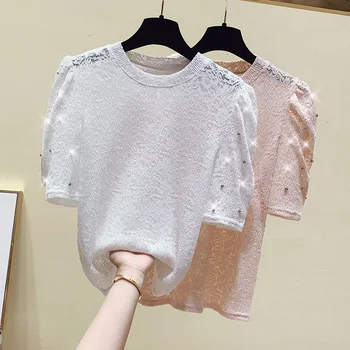 kadın üstleri Dantel T-Shirt Blusas Femininas 2021 Yeni Moda Kısa kollu Yaz Kadın Bluz Pembe Kadın Giyim