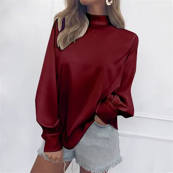 Kadınlar için yeni Şifon Gömlek 2021 Sonbahar Kol Kırmızı balıkçı Yaka Katı tişört Kadın Büyük Boyutu Uzun Rahat Elbise Blusas Mujer