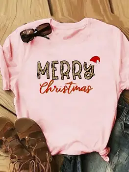 Kadınlar Merry Christmas Moda Kadın T Baskı Rahat T-Shirt Leopar Mektup Güzel Tarzı Tatil Giyim Grafik Tee Yeni Yıl