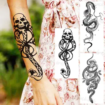 Kafatası Yılan Siyah Geçici Dövmeler Kadın Erkek Gerçekçi Yılan Gül Çiçek Sahte Dövme Etiket Kol Vücut Su Geçirmez Dövmeler