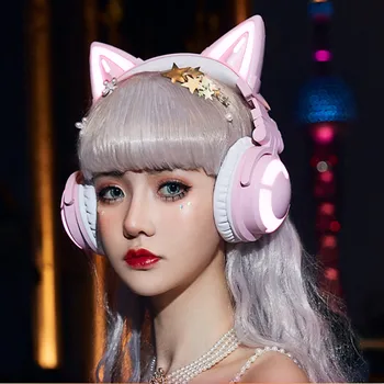 Kedi kulaklıklar 3g mikrofon ile Bluetooth ışık yayan ışık Stereo bas kafa monte kız oyunu oyun beyaz gürültü cance