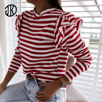 Moda Kadın Ruffles Çizgili T Shirt Sonbahar Uzun Kollu Üstleri Rahat Yuvarlak Boyun şık tişört Bayanlar İçin 2021 Taban Streetwear