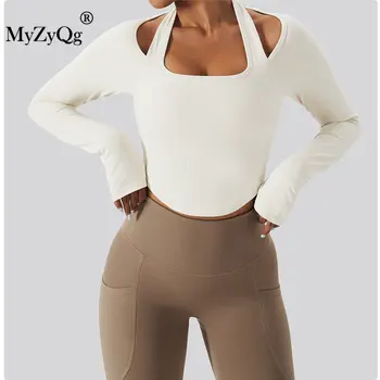 MyZyQg Kadınlar Nefes Seksi Yoga T - shirt Uzun Kollu Asılı Boyun Çabuk kuruyan Spor Giyim Eğitim Koşu Spor Üst 1