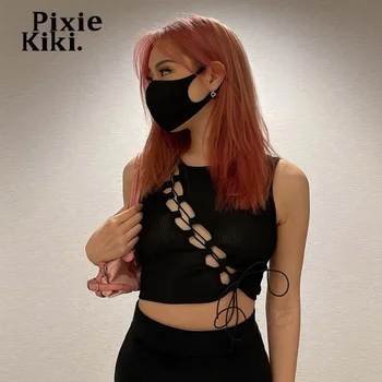 PixieKiki Seksi Hollow Out İpli Kırpma Üst Egirl Yaz Kıyafet Gotik Giyim 2022 Sevimli Siyah Tankı Üstleri T Shirt P15-BZ10