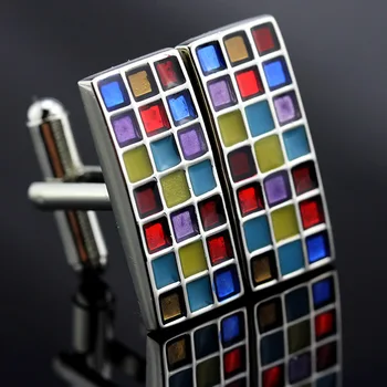 Renkli Mozaik Şekli Moda 1 Çift Yüksek Kaliteli Lüks Mens İçin Kol Düğmeleri Düğüm Tasarım Gömlek Düğün Parti Takı Hediye