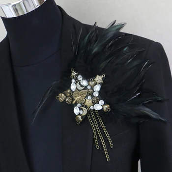 Siyah Tüy Broş Rhinestone Yıldız Pin iş elbisesi Ziyafet Düğün Takımları Çapa Çiçek Korsaj Broş El Yapımı