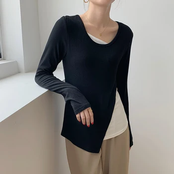 Sonbahar Sahte İki Parçalı Uzun Kollu T-Shirt Kadın 2021 Yeni Kore Versiyonu Bölünmüş Tasarım Duygusu Basit Mizaç Tops