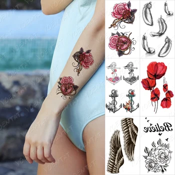 Su geçirmez Geçici Dövme Kalıcı Etiket Gül Tüy Kanatları Çapa Küçük Kadın Renk Vücut Sanatı Flaş Sahte Dövme Erkek Çocuk